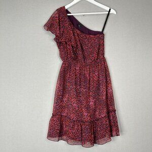 Anna Sui Womens Dress 2 Red Silk Leopard Hearts Chiffon Ruffle One Shoulder Boho